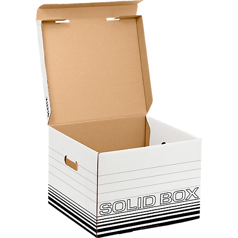 Boîte en carton blanche ouverte avec impression noire "SOLID BOX" et intérieur marron.