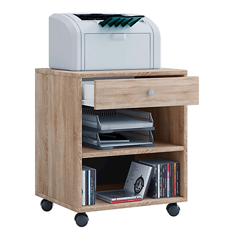 Un meuble brun clair avec roulettes, une imprimante et des accessoires pour le bureau. Un tiroir est ouvert.