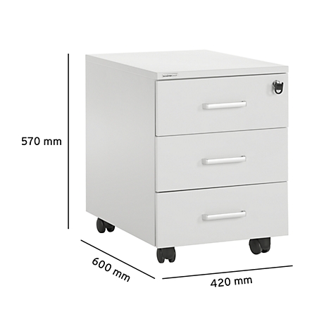 Caisson mobile blanc avec trois tiroirs et roulettes. Les dimensions sont spécifiées.