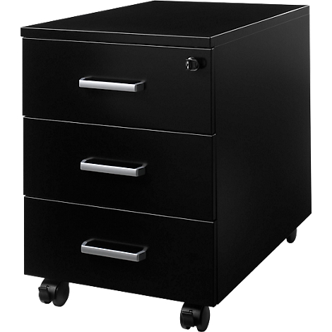 Classeur roulant noir avec trois tiroirs et poignées argentées. Roues en bas, serrure en haut.