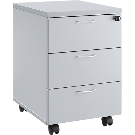 Conteneur de bureau gris avec trois tiroirs, poignées argentées et roulettes.