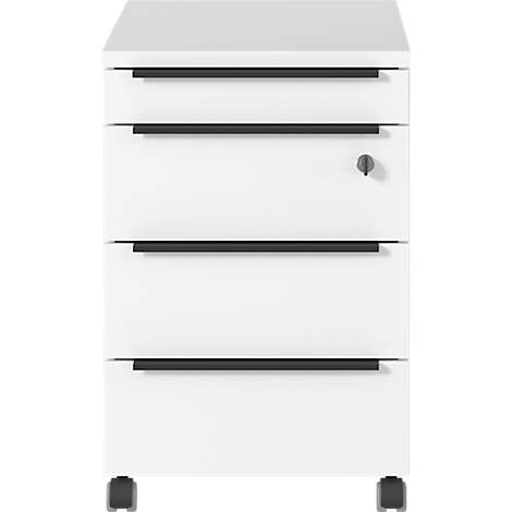 Caisson mobile blanc avec quatre tiroirs, poignées noires et serrure.