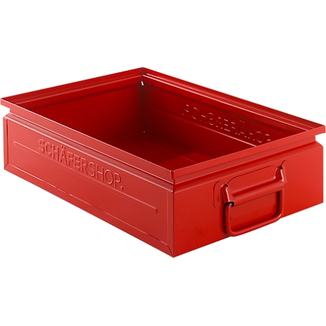 Caja de metal roja con asa. Texto "SCHÄFERSHOP".
