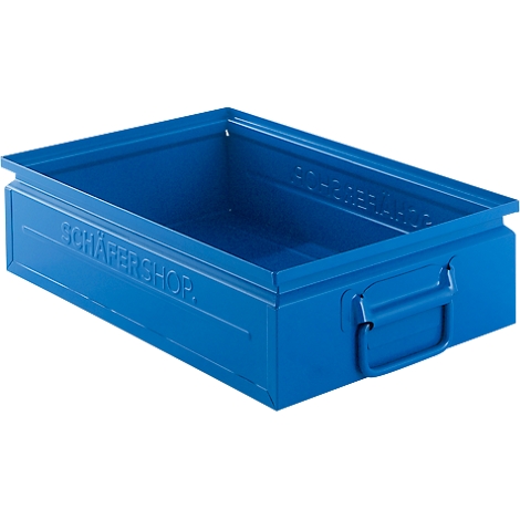 Caja metálica azul con asas, visible la inscripción 'SCHÄFERSHOP'.