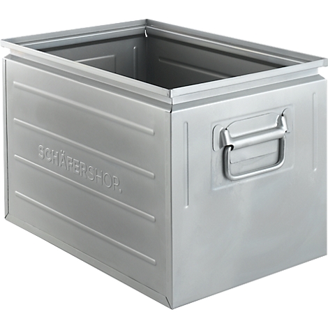 Caja de metal gris con asa. Inscripción 'SCHÄRERSHOP'.