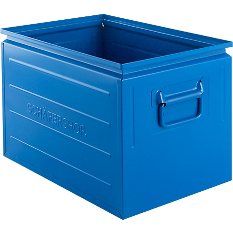 Caja metálica azul con asa y la inscripción "SCHÄFERSHOP."