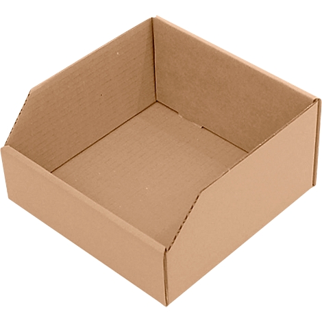 Una caja cuadrada abierta hecha de cartón marrón, con un frente biselado.