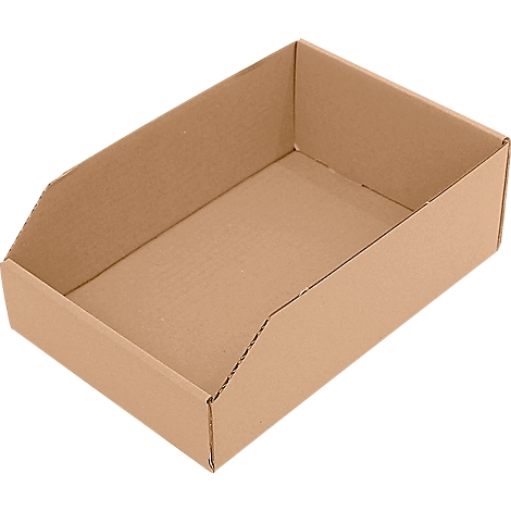 Caja de cartón rectangular marrón con frontal biselado.