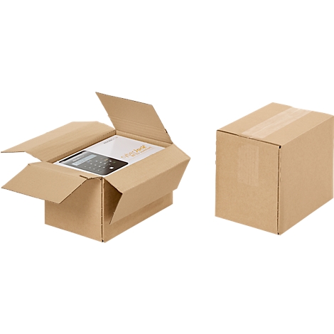 Dos cajas de cartón marrones, una abierta con un producto, la otra cerrada.