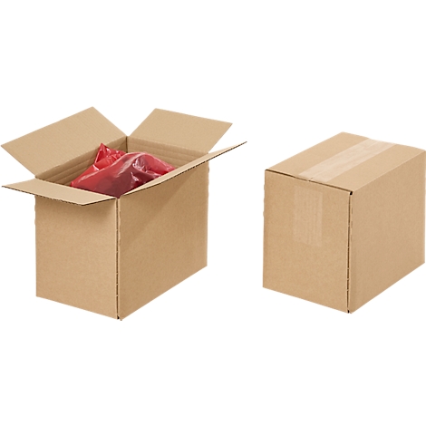 Dos cajas de cartón marrón: una abierta con embalaje rojo, otra cerrada.