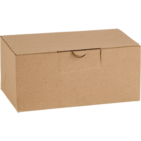 Caja de cartón marrón. Tapa con hueco semicircular para abrir.