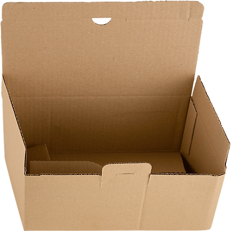 Caja de cartón marrón abierta con asa y recorte.