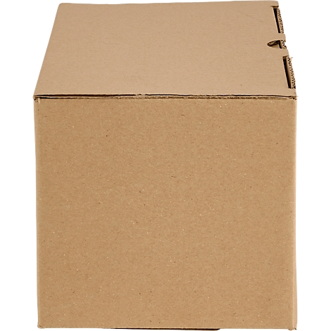 Caja de cartón marrón. La tapa está cerrada.