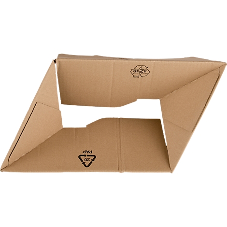 Una caja de cartón marrón abierta con símbolos de reciclaje, sobre un fondo blanco.