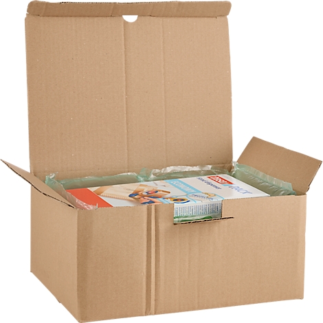 Caja de cartón marrón abierta con embalaje del producto y acolchado verde.