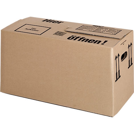 Caja de cartón marrón. "¡Aquí" y "¡Abrir!" están impresos en negro. También se ven asas y flechas.