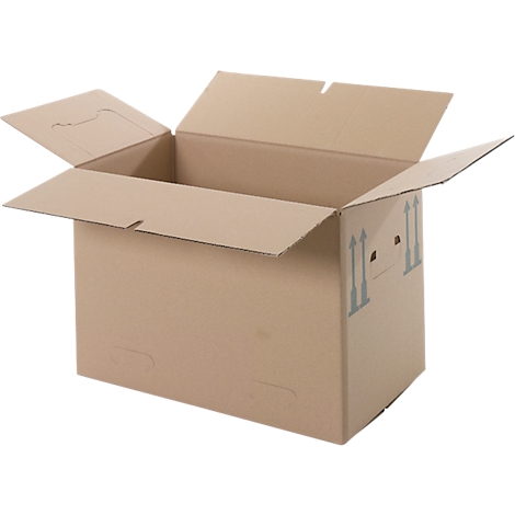 Caja de cartón marrón abierta con solapas de tapa plegadas y asas.