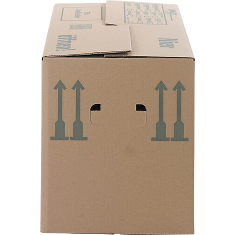 Una caja de cartón marrón con flechas hacia arriba y aberturas para asas.