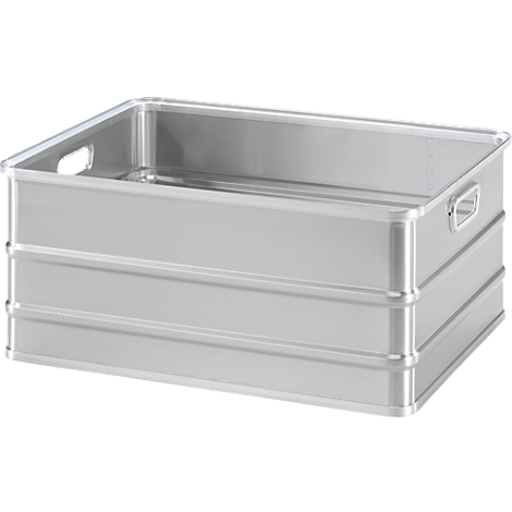 Caja de almacenamiento rectangular de metal plateado con asas laterales sobre un fondo neutro.