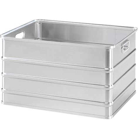 Contenedor de transporte rectangular de aluminio brillante con paredes laterales robustas y asas integradas.