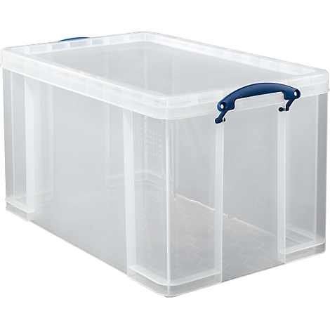Caja de plástico transparente con asa azul.
