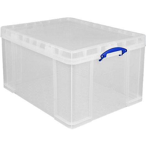 Caja de plástico transparente con tapa y asa azul.