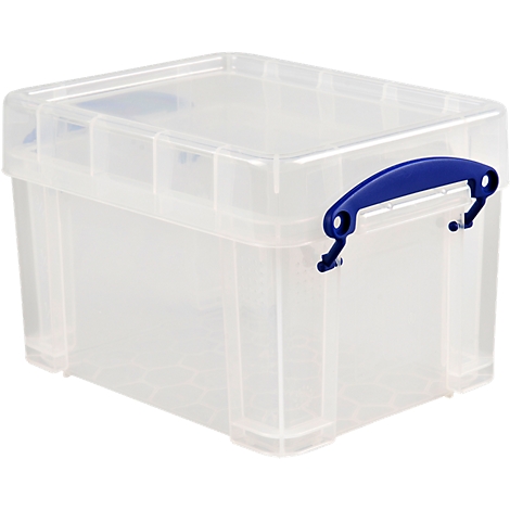 Caja de plástico transparente con asa azul. La tapa se cierra al ras. La caja está sobre una superficie blanca.