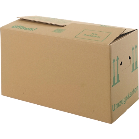 Caja de mudanza marrón con impresiones y letras verdes. "¡Abrir!" está en la parte superior, "Caja de mudanza" en el lateral.