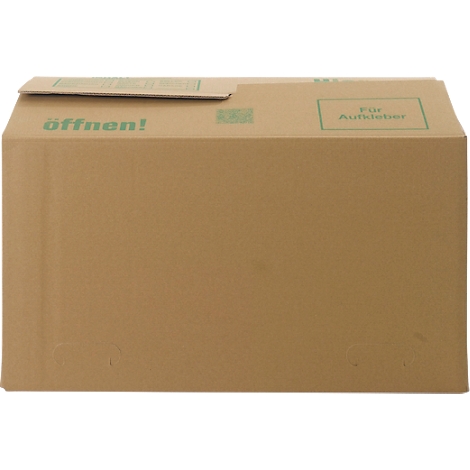 Caja de cartón marrón con la inscripción '¡Abrir!' en verde. Arriba: 'Para pegatinas'.