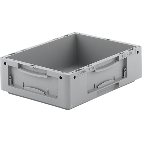 Caja de plástico gris, rectangular, con asas y letras.