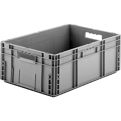 Caja de plástico gris con asas, rectangular, vacía.