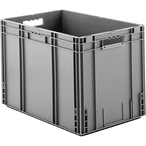 Caja de plástico gris con asas. La caja tiene barras verticales y refuerzos rectangulares en las esquinas.