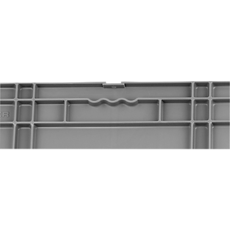 Divisor de cajón de plástico gris con compartimentos de diferentes tamaños. Un hueco ondulado en la parte superior.