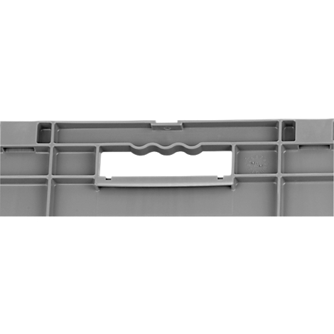 Primer plano de una caja de plástico gris con un asa. El asa tiene un diseño ondulado.