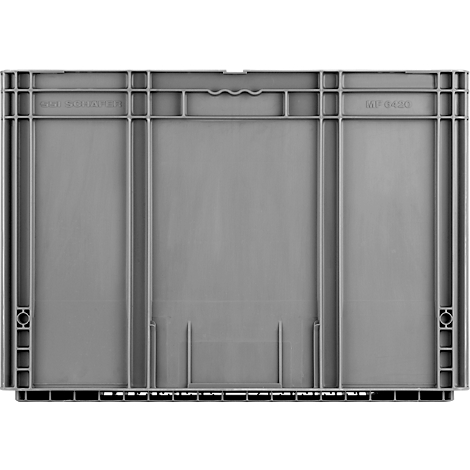 Caja de plástico gris, vista frontal, con nervaduras verticales y horizontales. La inscripción "SSI SCHAEFER" está en la parte superior, y "MIP 0430" en el borde.