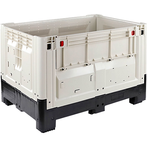 Caja grande de plástico beige sobre palet negro, con marcador rojo.