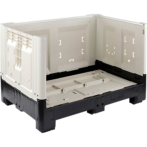 Un contenedor de plástico beige vacío con base negra, parte superior abierta y aberturas laterales.