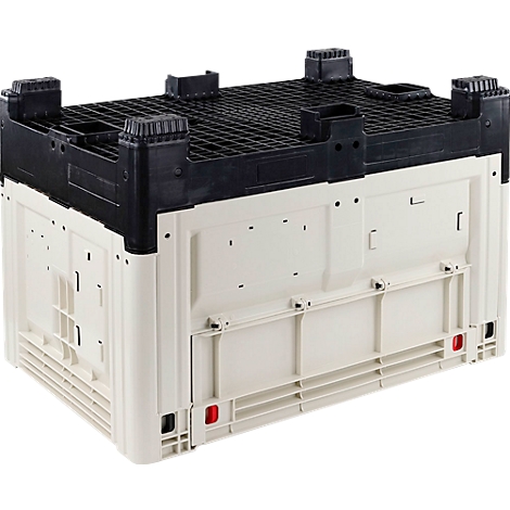 Caja de plástico beige y negro. Tapa negra, cuerpo beige con cierres rojos.