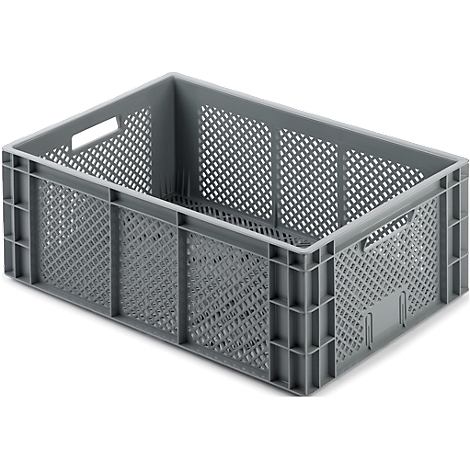 Caja de plástico gris con patrón de rejilla abierta, aberturas para asas en los lados.