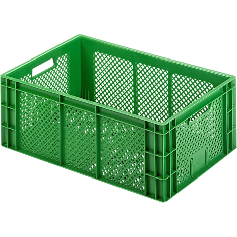 Caja de plástico verde con patrón de malla. Forma rectangular con aberturas para asas en los laterales.
