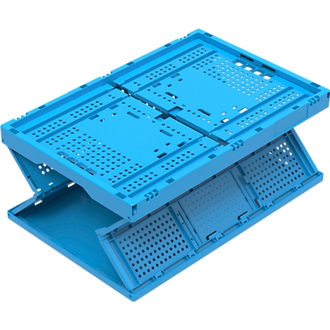 Caja de plástico plegable azul claro en posición semiabierta. Tiene agujeros y ranuras.