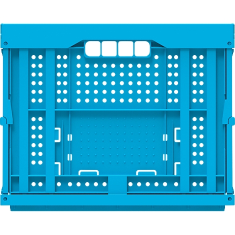 Caja de plástico azul claro, vista frontal, agujeros y puntales.