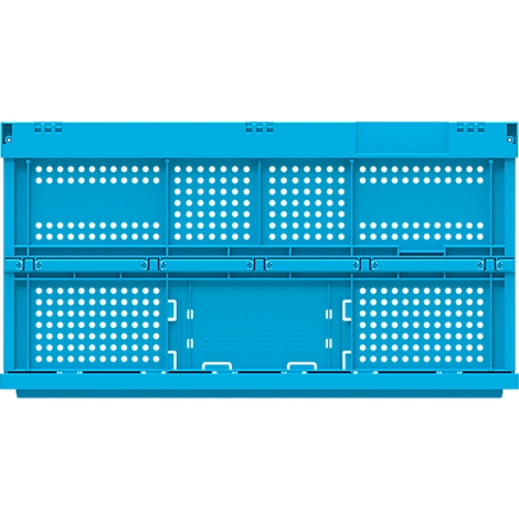 Caja de transporte plegable azul claro. Forma rectangular, con agujeros y asas. La tapa está cerrada.