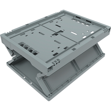 Caja de plástico gris, plegable, parcialmente abierta, tomada en diagonal desde arriba.