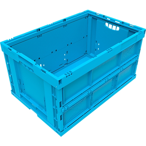 Caja de plástico azul claro, abierta con asas, sobre fondo blanco.