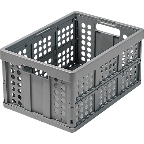 Caja de plástico gris plegable con patrón de agujeros. La caja tiene un cuerpo rectangular con aberturas para las asas.