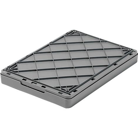 Caja de plástico gris con patrón de panal y forma cuadrada.