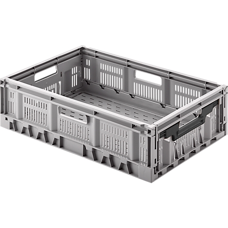 Caja de transporte de plástico gris claro con asas y ranuras de ventilación.