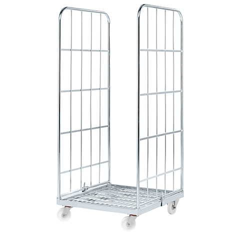 Contenedor rodante metálico con ruedas. Estructura de malla de alambre para transporte. Ideal para almacenamiento.