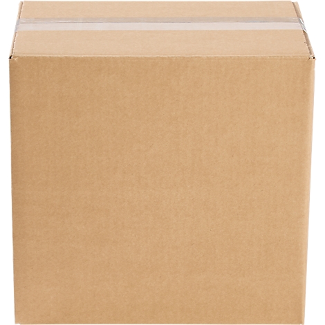 Caja de cartón marrón con cinta adhesiva transparente. Los bordes son visibles.